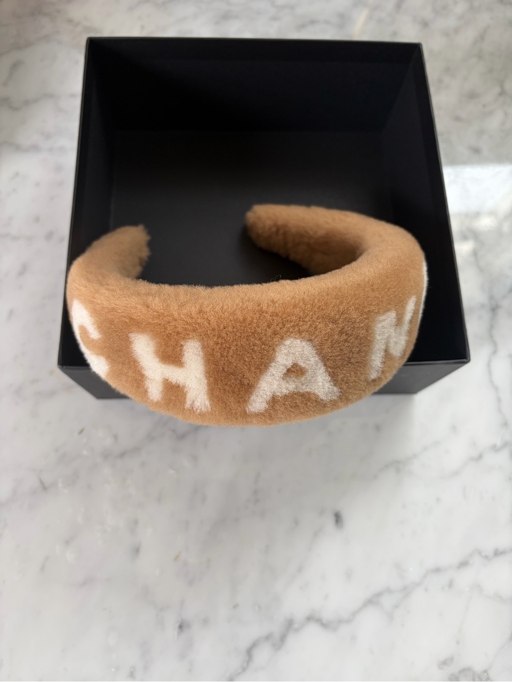 CHANEL Caramel 100% Shearling Headband with White Lettering - Picture 3 of 5